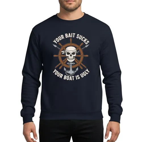 Fishing Enthusiasts' Vintage Nautical Pirate Skull Bone White Ship Wheel Rich Brown Spears Anchor Humor Sweatshirt