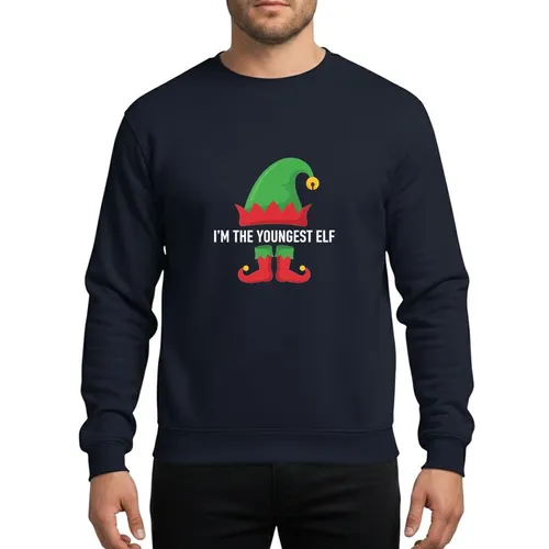 Youngest Family Member Festive Elf Hat Boots Red Green Yellow White 'I'M THE YOUNGEST ELF' Graphic Sweatshirt