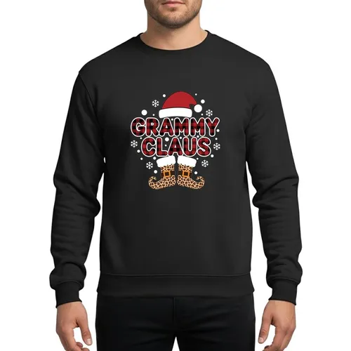 Grandmas' & Moms' Whimsical Christmas Red Plaid Grammy Claus Leopard Elf Boots & Snowflakes Sweatshirt