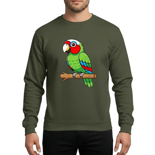 Wildlife Lovers' Vibrant Lime Green Amazon Parrot Flat Cartoon Art White Crown Scarlet Patch Sweatshirt