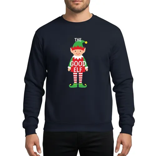 Christmas Group Cheerful Green & Red Cartoon Elf Design with Striped Socks and Whimsical 'THE GOOD ELF' Text Sweatshirt