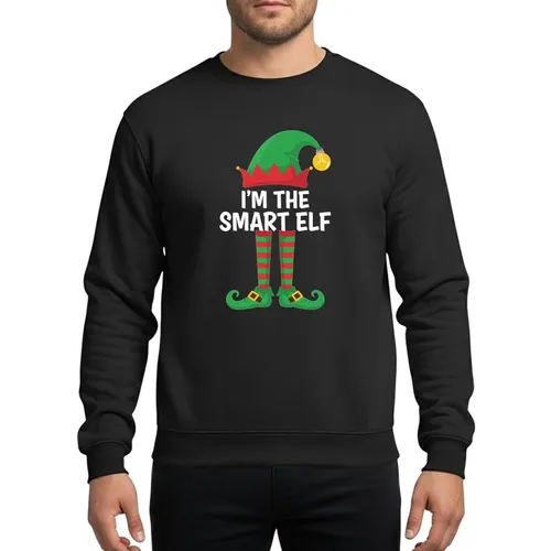 Christmas Enthusiasts' Humorous Flat Vector Elf Character Art: Green Hat Yellow Lightbulb, White 'I'M THE SMART ELF' Text, Red Green Striped Legs Sweatshirt