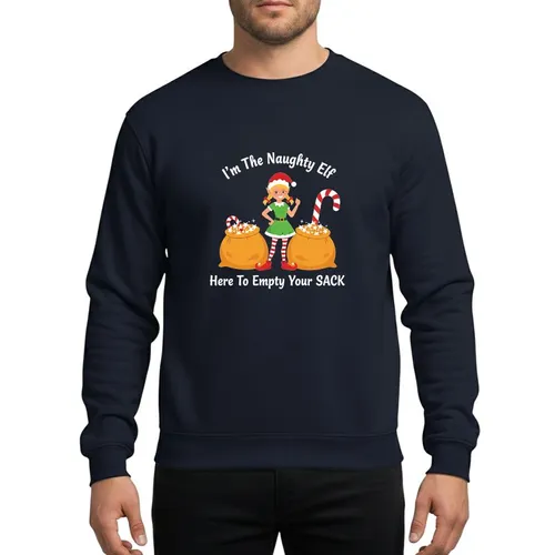 Holiday Humor Enthusiasts' Playful Blonde Elf, Green Dress, Golden Sacks, 'Naughty Elf' Text Sweatshirt