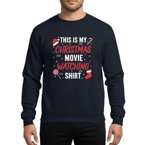Holiday Movie Lovers' Whimsical Red White Christmas Movie Watching Script Typography Festive Santa Hat Candy Cane Stocking Lollipop Elements Sweatshirt