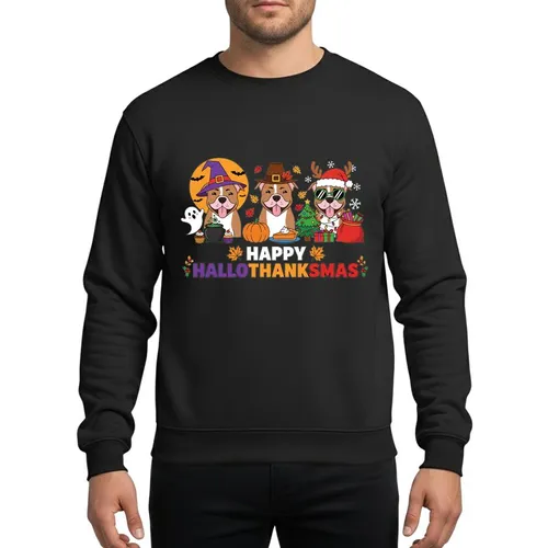 Pit Bull Parents' Cheerful Hallothanksmas Dog Multi-Holiday Witch, Pilgrim, Santa Cartoon Design Sweatshirt