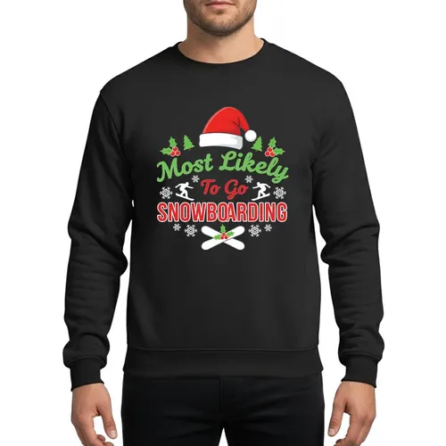Snowboarding Fans' Illustrative Festive Winter Humor with Santa Hat Holly Snowflakes Bright Green Red Text Sweatshirt