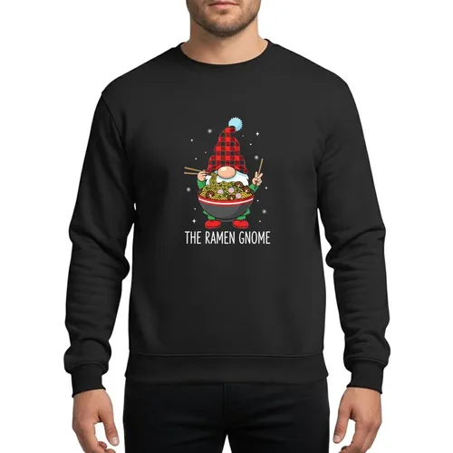 Festive Families Whimsical Cartoon Ramen Gnome Red Buffalo Plaid Hat Noodles Starry Snowflake Art Sweatshirt