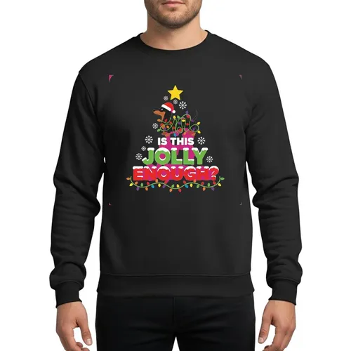 Dachshund Lovers' Whimsical Black Tan Dog Santa Hat Colorful Christmas Lights Jolly Enough Tree Sweatshirt