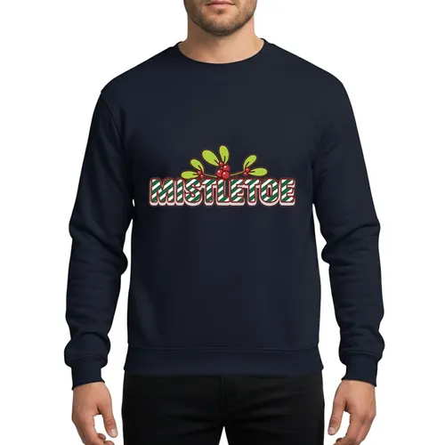 Holiday Enthusiasts' Bold 3D MISTLETOE Text, Candy Cane Green White Stripes, Dark Red Outline, Lime Green Mistletoe, Bright Red Berries Holiday Art Sweatshirt