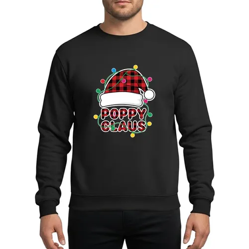 Grandpa's Festive Red Black Buffalo Plaid Santa Hat Poppy Claus Christmas Lights Art Sweatshirt