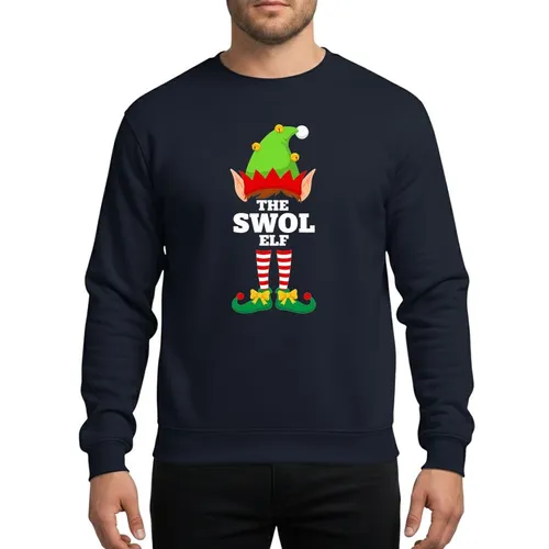 Holiday Party-Goers' Humorous Swol Elf Graphic: Lime Green Hat, Red Striped Socks, Gold Bells & Yellow Bows Sweatshirt