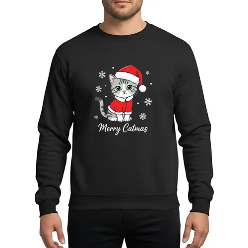 Kitten Lovers' Whimsical Gray Tabby Red Santa Hat Emerald Eyes White Snowflakes Merry Catmas Sweatshirt