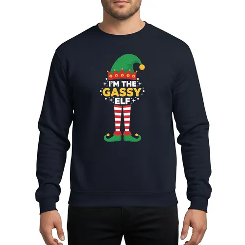 Festive Group Enthusiasts Whimsical Green Elf Hat Golden Bells Red White Striped Legs 'I'M THE GASSY ELF' Text Star Accents Sweatshirt