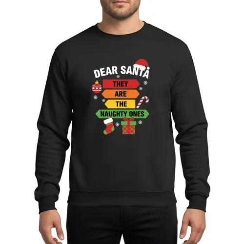 Holiday Humor Enthusiasts Playful Dear Santa Naughty Ones Bold Text Red Green Yellow Orange Arrows Holiday Ornaments Flat Graphic Sweatshirt