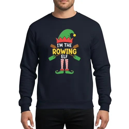 Holiday Enthusiasts Whimsical Elf Rowing Design, Green Hat, Bold Yellow Text, Striped Red Stockings, Golden Bells Sweatshirt