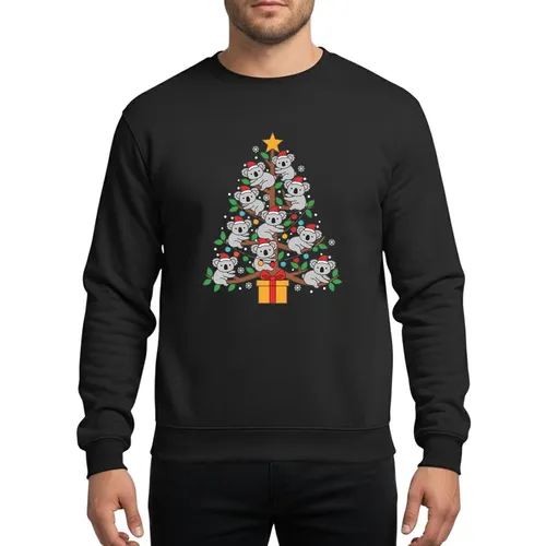Family Holiday Fans' Playful Gray Koala Christmas Tree Red Santa Hats Green Leaves Multi-Color Lights Orange Star Sweatshirt