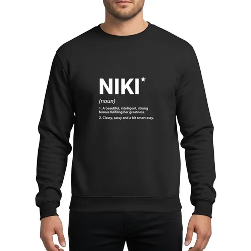 Women's Minimalist Bold White Niki Name Dictionary Definition with Star Accent on Green Sweatshirt