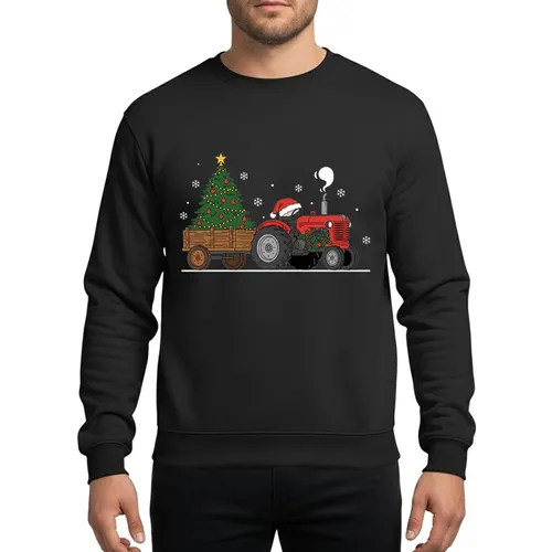 Christmas Enthusiasts' Vibrant Red Tractor Holiday Tree Rustic Art with Santa Hat, Gold Star & Snowflakes Sweatshirt