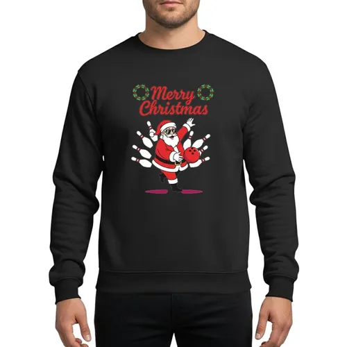 Christmas Celebrators & Bowling Enthusiasts Vibrant Bowling Santa with Red Ball, White Pins, Green Holly, and Festive Merry Christmas Script Sweatshirt