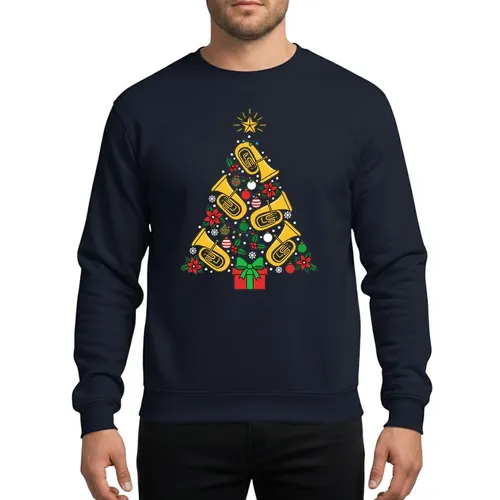 Music Lovers' Golden Yellow Red Green Brass Instrument Christmas Tree with Poinsettias Holly Star Gift Box Sweatshirt
