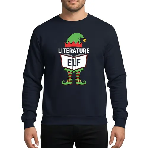 Festive Family & Book Lovers Whimsical Literature Elf Hat & Legs, Open Book, Green Red Striped Yellow Buckle Design Sweatshirt