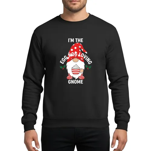 Family Holiday Gatherings' Whimsical Red Polka Dot Hat Gnome with Egg Nog Mug & Holly Design Sweatshirt