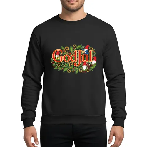 Norwegian Christmas Lovers' Whimsical God Jul Gnomes Red Gold Green Folk Art Filigree Script Sweatshirt