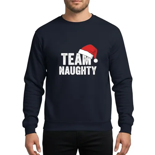 Couples' Festive Stacked 'TEAM NAUGHTY' Bold Distressed White Text & Classic Red Santa Hat Sweatshirt