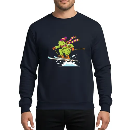 Winter Sports Enthusiasts' Dynamic Lime Green Frog Skier Mid-Air Jump, Bright Striped Beanie & Scarf, Flat Graphic Art Sweatshirt