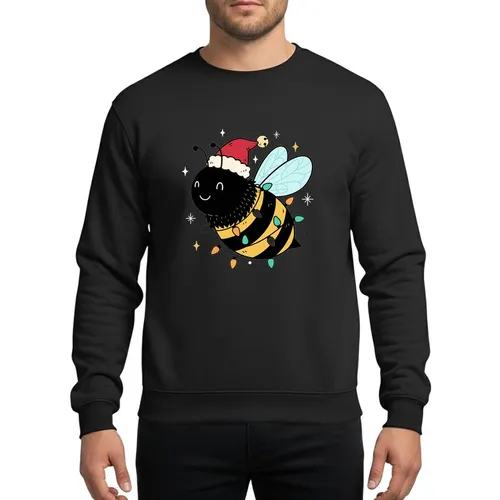 Bee Lovers' Festive Whimsical Golden Yellow Black Striped Bee Santa Hat Holiday Lights Design Sweatshirt