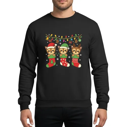 Yorkie Lovers' Whimsical Cartoon Yorkshire Terrier Puppies in Festive Red Christmas Stockings with Holiday Hats, Lights & Ornaments Sweatshirt
