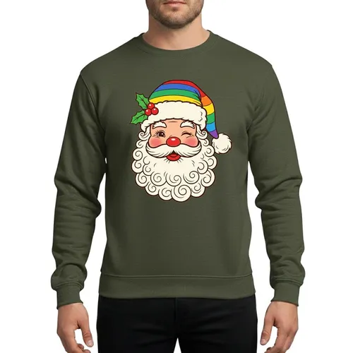 Holiday Season Fans' Retro Winking Santa Red Orange Yellow Green Blue Violet Striped Hat Sweatshirt