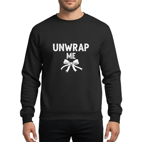 Humorous Christmas Givers' Distressed White UNWRAP ME Typography & Unraveling Gift Bow Sweatshirt