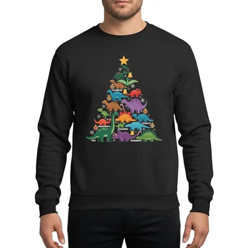 Men's Paleontologist Whimsical Dinosaur Tree Flat Art Gold Star Red Green Festive Ornaments Sweatshirt