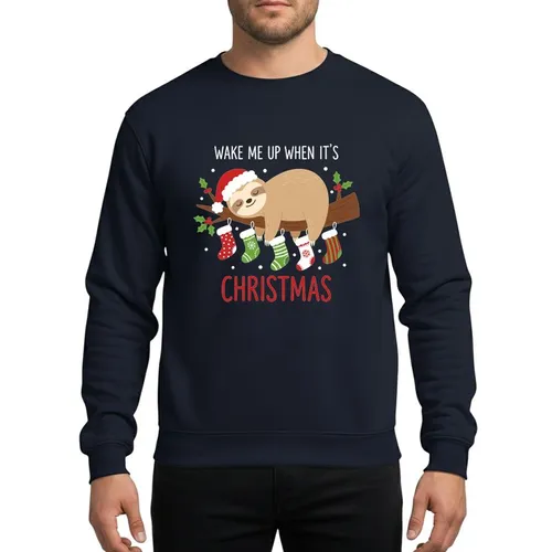 Festive Sloth Fans' Whimsical Sloth Red Santa Hat, Polka Dot & Striped Stockings, Green Holly, White Snowfall, 'Wake Me Up When It's Christmas' Phrase Sweatshirt