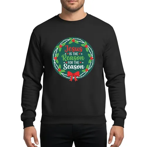 Festive Celebrants' Red Jesus Script, Green Holly Wreath & White Thorn Branches Design Sweatshirt
