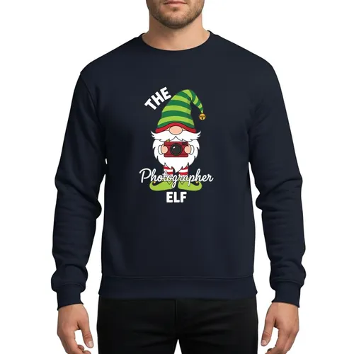 Group Christmas Celebrators' Whimsical 'The Photographer Elf' Gnome, Green Striped Hat, Red Camera Sweatshirt