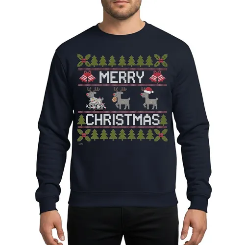 Retro Christmas Enthusiasts' Pixel Art Knit-Style Playful Reindeer MERRY CHRISTMAS Holly Pine Olive Green Red Pattern Sweatshirt