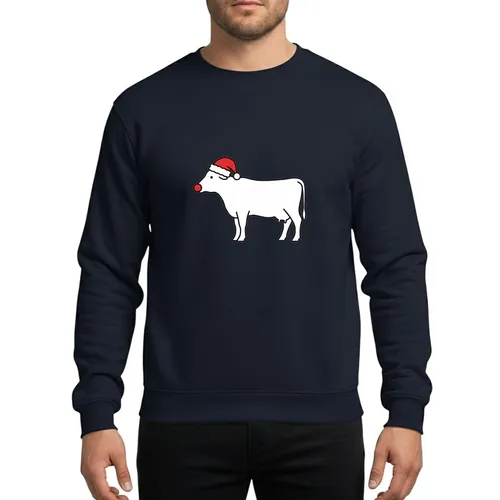 Farm Animal Lovers' Minimalist White Cow Silhouette Red Santa Hat Christmas Graphic Sweatshirt