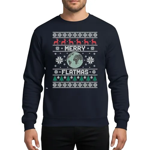Humor Enthusiasts' Festive Pixel Art Knitted Ugly Christmas Sweater Graphic with Merry Flatmas Flat Earth Map, Reindeer, Snowflakes Sweatshirt