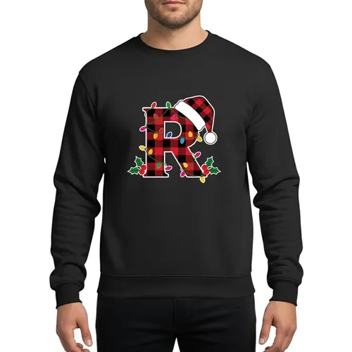 Festive Initial Lovers Red Black Buffalo Plaid Letter R Christmas Santa Hat & Draped Lights Holly Sweatshirt