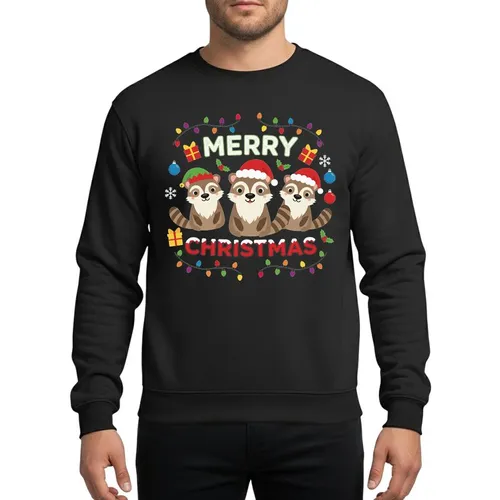Family Christmas Fun' Whimsical Cartoon Coati Design with Santa Hats, MERRY CHRISTMAS Text & Festive Accents Sweatshirt