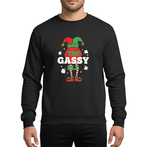 Playful Christmas Revelers Comical Red Green Elf Legs Gassy Gas Cloud Puffs Striped Jester Hat Artwork Sweatshirt