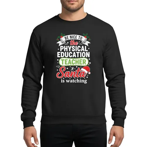 Educators' Whimsical Christmas Red Santa Hat Holly Green PE Teacher Bubble Outline Typographic Sweatshirt