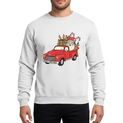 Christmas Lovers Whimsical Hand-Drawn Distressed Red Vintage Pickup Truck Santa Rudolph Gifts Candy Cane Art Sweatshirt