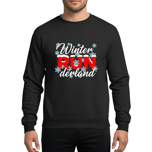 Runners' Festive Winter Typographic White Script Red Block Snow-Capped 'RUN' Black Rectangle Light Blue Snowflakes Sweatshirt