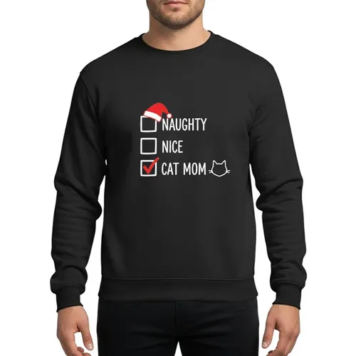 Cat Moms' Red White Hand-Drawn Naughty Nice Crazy Cat Mom Checkbox List Santa Hat Cat Outline Sweatshirt