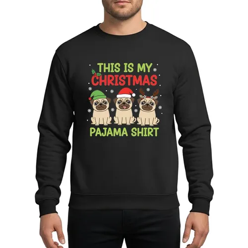 Pug Lovers' Whimsical Cartoon Pugs Festive Christmas Red Green Fawn Holiday Hats & Snowflakes Sweatshirt