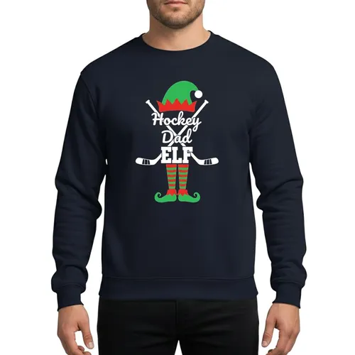 Hockey Dads & Fans' Bright Green Red Christmas Elf 'Hockey Dad ELF' Text with Puck Hat & Crossed Sticks Sweatshirt