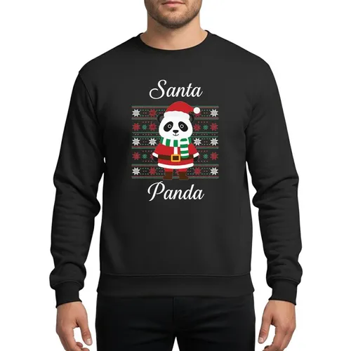 Christmas Enthusiasts' Whimsical Cartoon Santa Panda Red Green White Snowflake Ugly Sweater Panel Sweatshirt